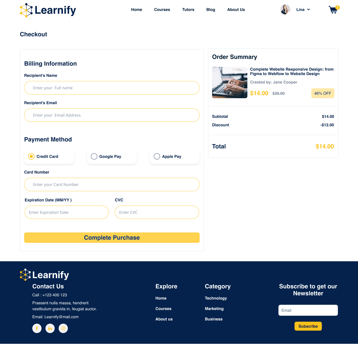 Learnify checkout with billing details, payment fields, and order summary