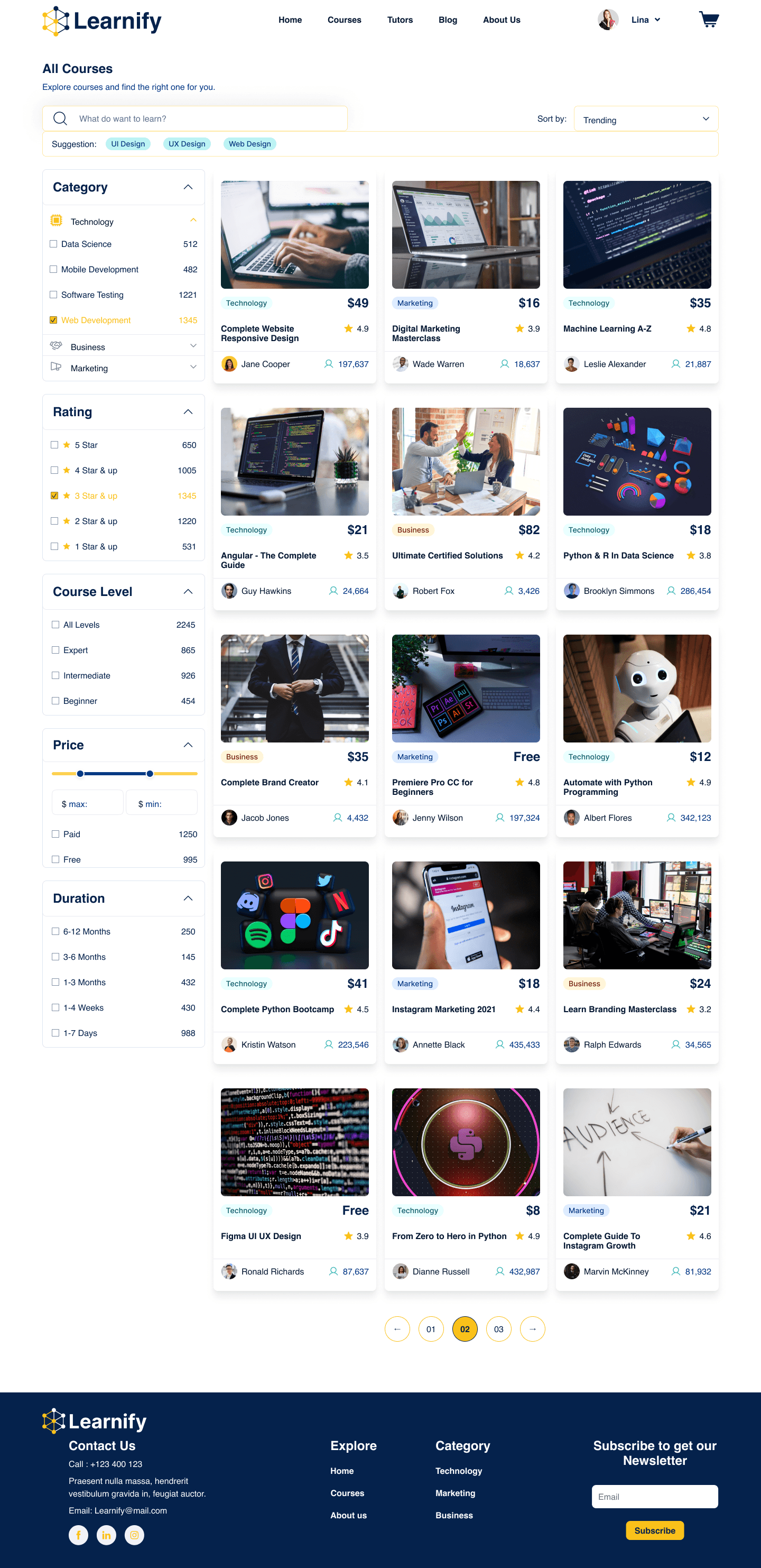 Learnify course catalog with filter sidebar and a grid of course cards