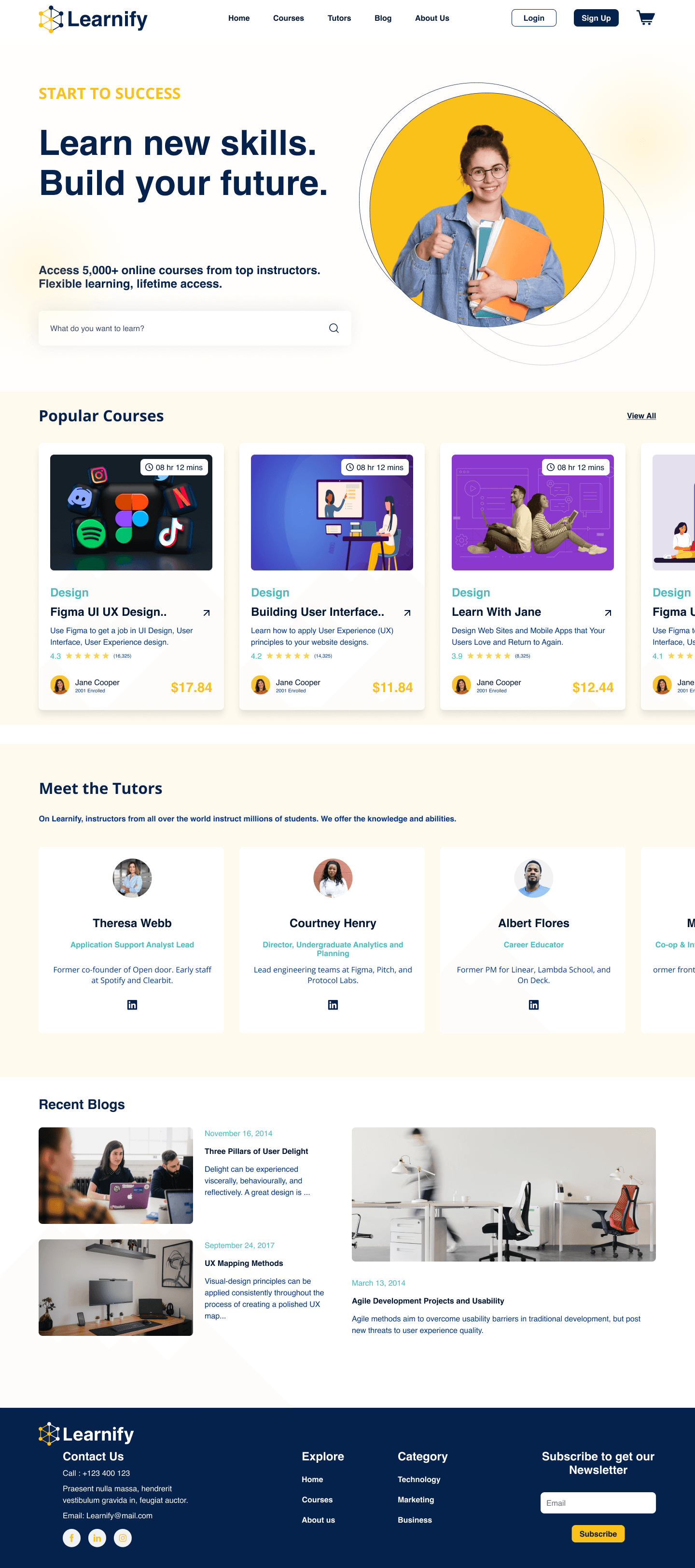 Learnify landing page with course search, course cards, tutors, and recent articles